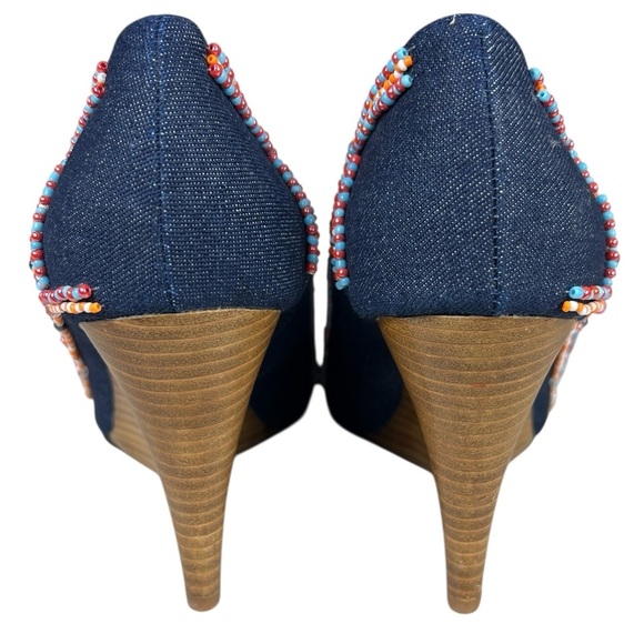 Jessica Bennett Jkirabu Beaded Denim Peep Toe Wedge Heels Beaded Wooden Platform - Picture 10 of 13